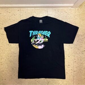 Thrasher Black Tee with Blue and Yellow Graphic